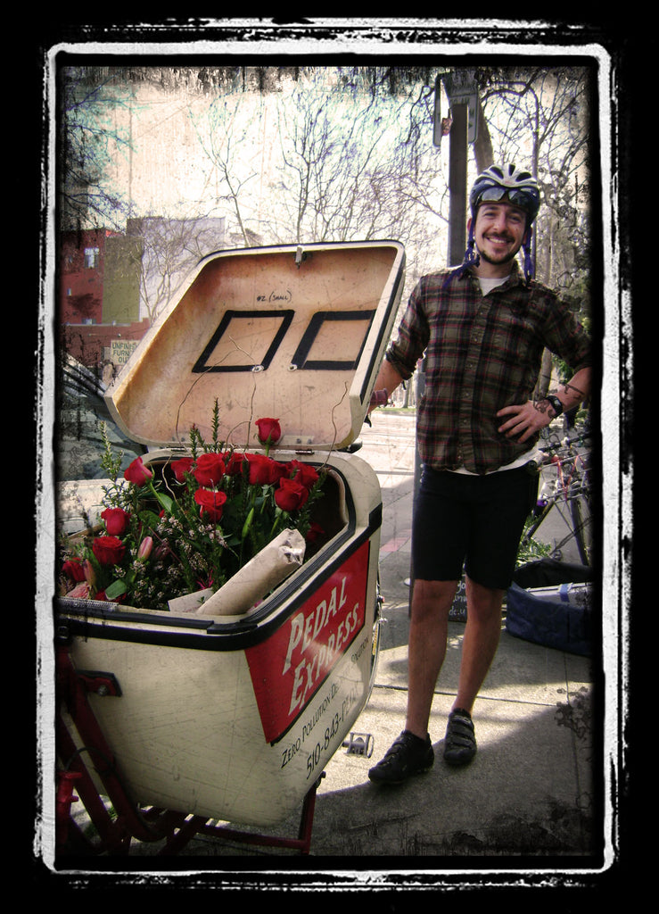 Bike Courier ready to deliver flowers for Gorgeous and Green customers