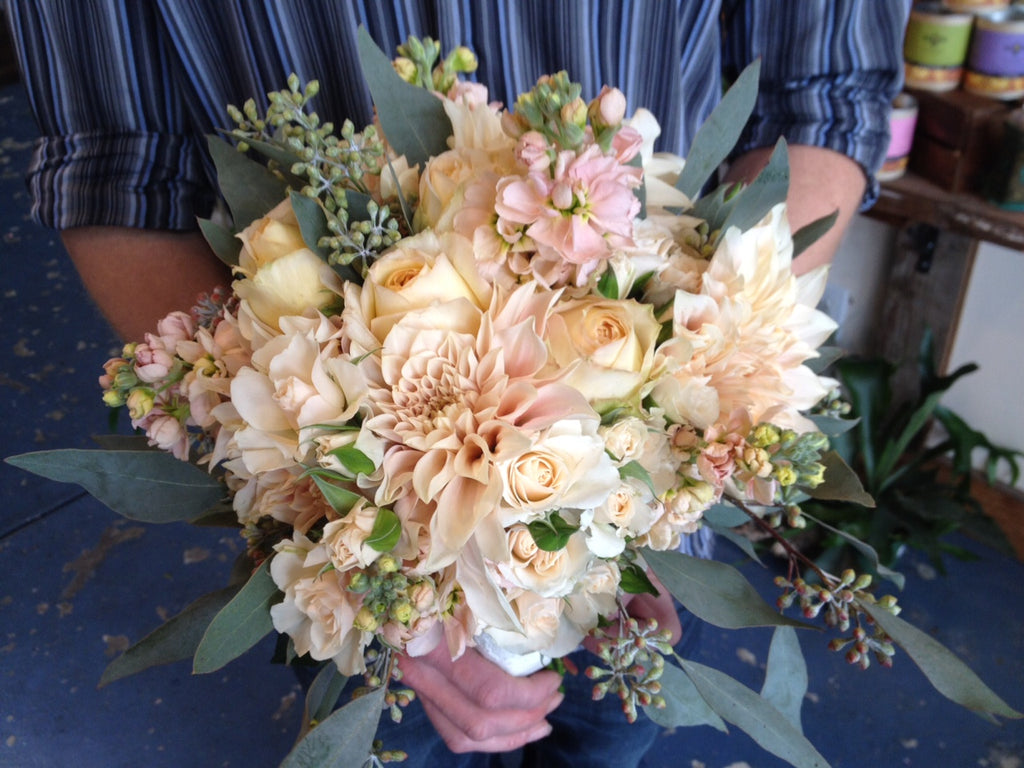 blush cream white peach pink bouquet by Gorgeous and Green