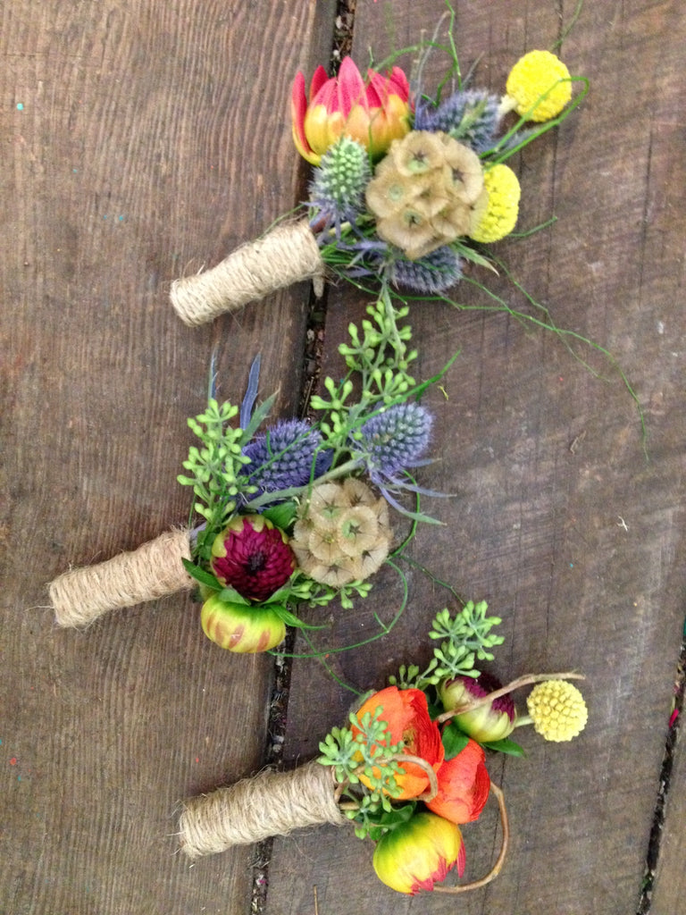 colorful and textural boutonnieres by Gorgeous and Green