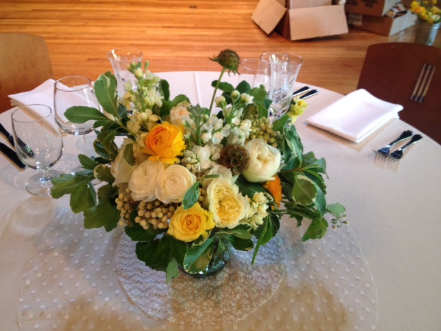 Sweetheart table arrangement in yellows and green by Gorgeous and Green for Mill Valley Outdoor Art Club wedding
