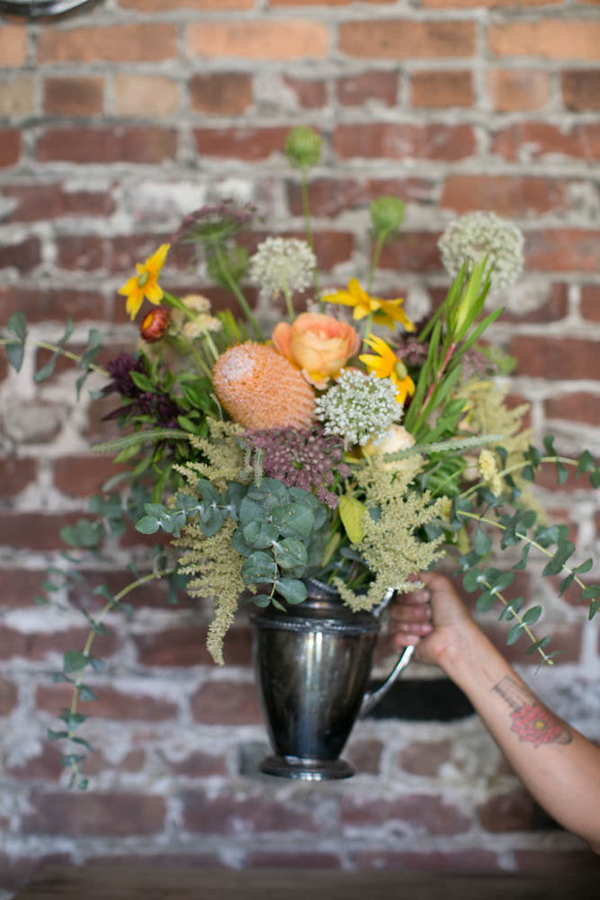 Ful Floral arrangement in a found vintage vessel by Gorgeous and Green, from a sustainable flower workshop 